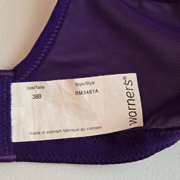 Warner's Wireless Purple No Side Effects Bra with Mesh Wings 38B RM3481A - Picture 8 of 9